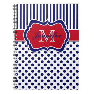 Personlig Rött vitt blått stripe Polka dots Anteckningsbok Med Spiral