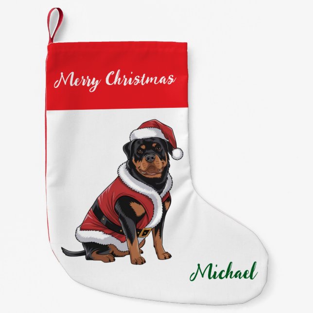 Personlig Rottweiler Hund i Tomte Hatt  Liten Julstrumpa (Framsidan)