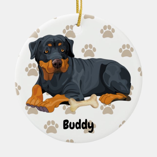 Personlig Rottweiler Hund, Puppy Add a Namn Julgransprydnad Keramik (Framsidan)