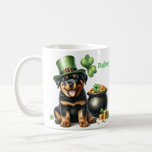 Personlig Rottweiler Hund St. Patricks Dag Kaffemugg (Vänster)