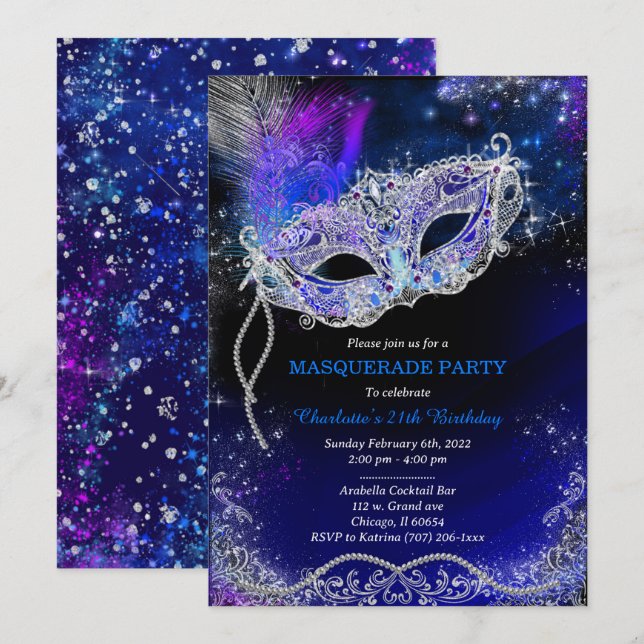 Personlig Royal Blue Birthday Masquad Inbjudningar (Fram/baksida)