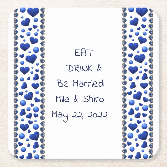 Personlig&rt, blått glitter-hjärta underlägg papper kvadrat (Framsidan)