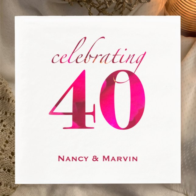 Personlig Ruby 40:e Bröllop-årsdagen Party Pappersservett (Add couples names to these vibrant ruby red pink floral custom 40th anniversary party napkins
)