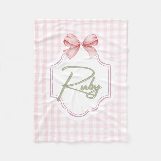 Personlig Ruby Flicka Nursery Bow&Gingham Fleecefilt (Framsidan)