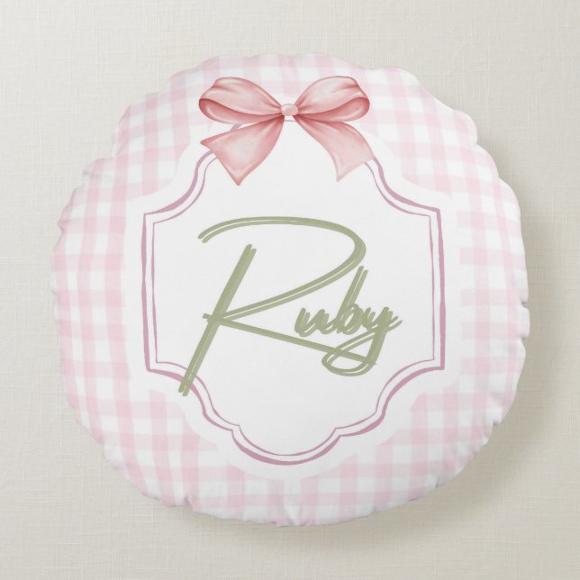 Personlig Ruby Flicka Nursery Bow&Gingham Rund Kudde (Framsidan)