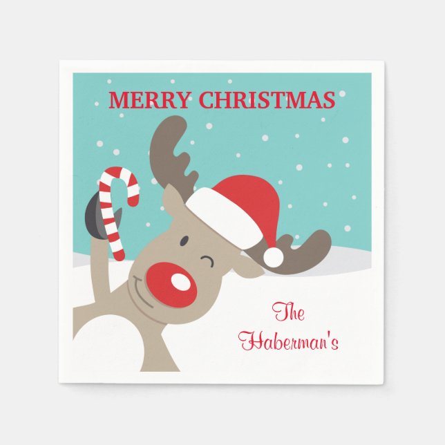Personlig Rudolph Reindeer med Candy cane Pappersservett (Framsidan)