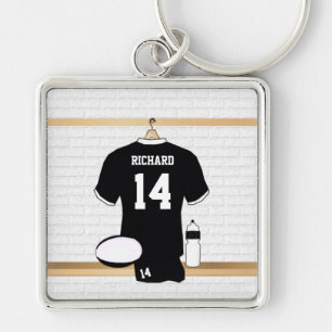 Personlig Rugby Jersey Black and White Fyrkantig Silverfärgad Nyckelring