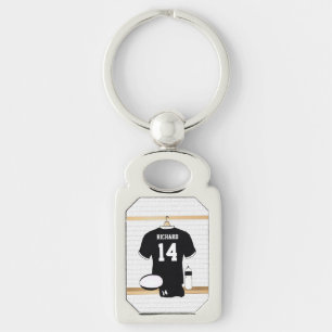 Personlig Rugby Jersey Black and White Rektangulärt Silverfärgad Nyckelring