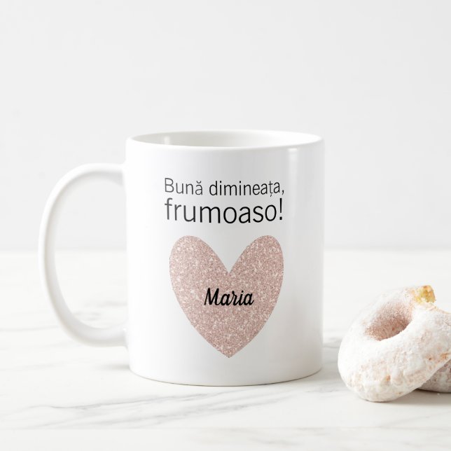 Personlig Rumänska Hälsning och Ro Guld Heart Kaffemugg (Med munk)