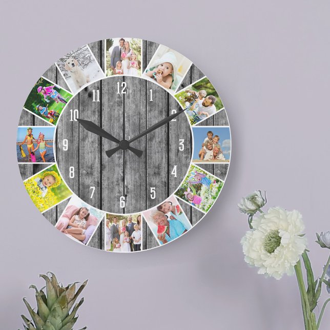 Personlig rund klocka i grått trä med 12 foton (Photo clock with 12 photos, one at each hour. Great design for your home or a thoughtful photo gift.)