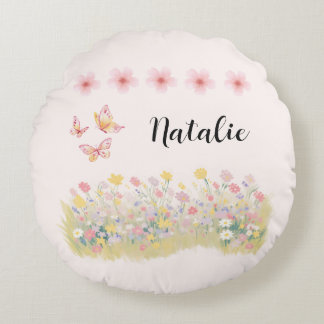 Personlig Rund Kudd med Vilda Blommor och Fjärilar Kudde