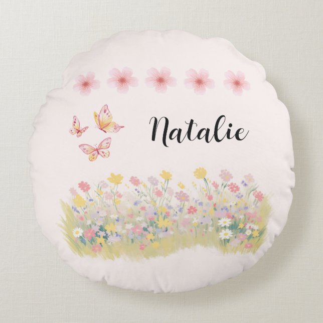 Personlig Rund Kudd med Vilda Blommor och Fjärilar Kudde (Framsidan)
