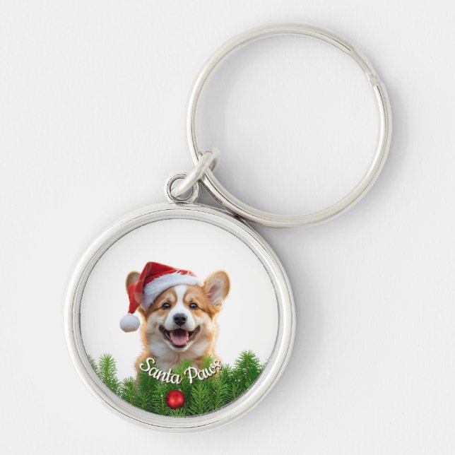 Personlig rund nyckelring – Santa Paws Corgi  (Framsidan)