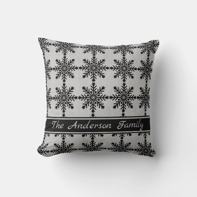 Personlig Rustic Burlap Black Snowflake Mönster Kudde (Framsida)