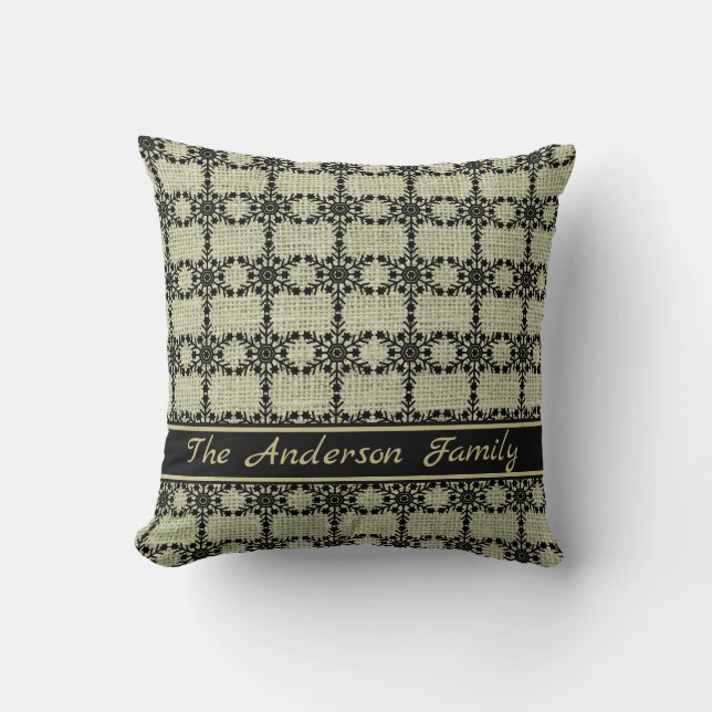 Personlig Rustic Burlap Black Snowflake Mönster Kudde (Framsida)