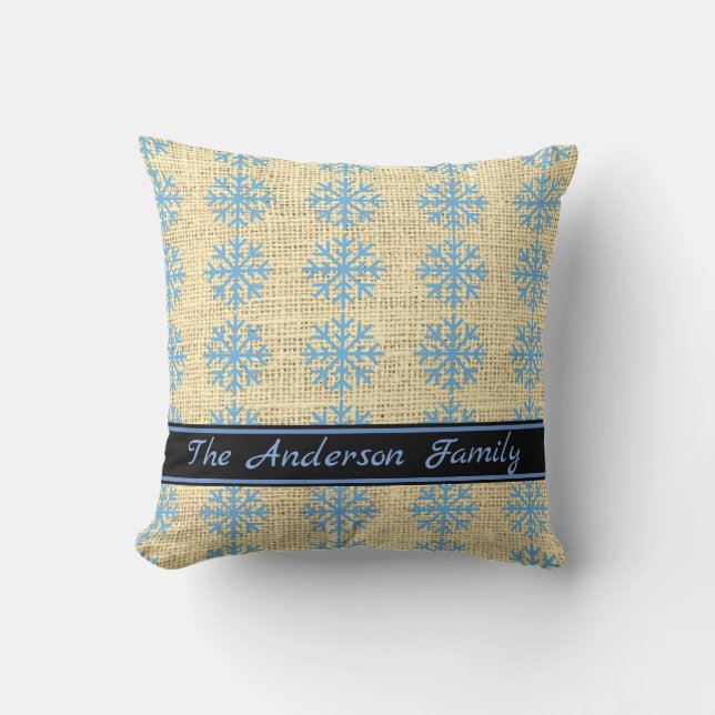 Personlig Rustic Burlap Blue Snowflake Mönster Kudde (Framsida)