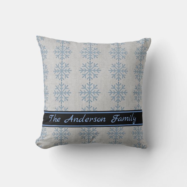 Personlig Rustic Burlap Blue Snowflake Mönster Kudde (Framsida)