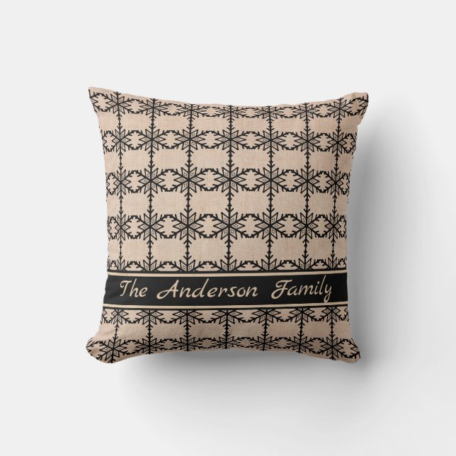 Personlig Rustic Burlap White Snowflake Mönster Kudde (Framsida)