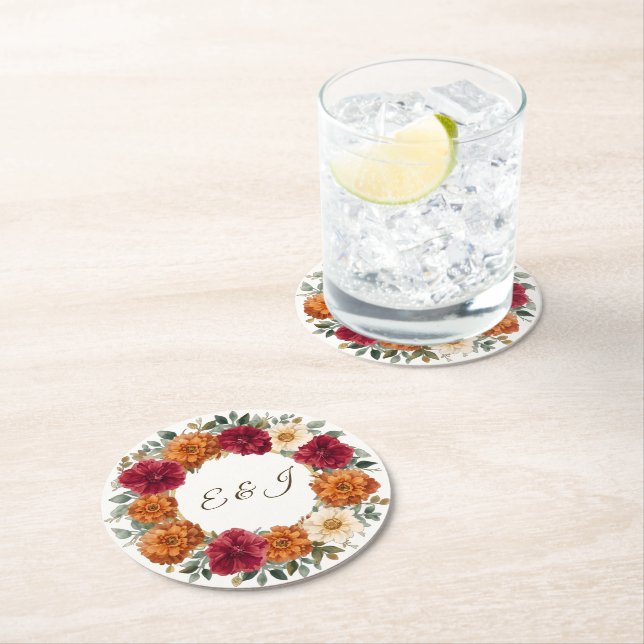 Personlig Rustic Fall Blommigt Bröllop Underlägg Papper Rund (Insitu)