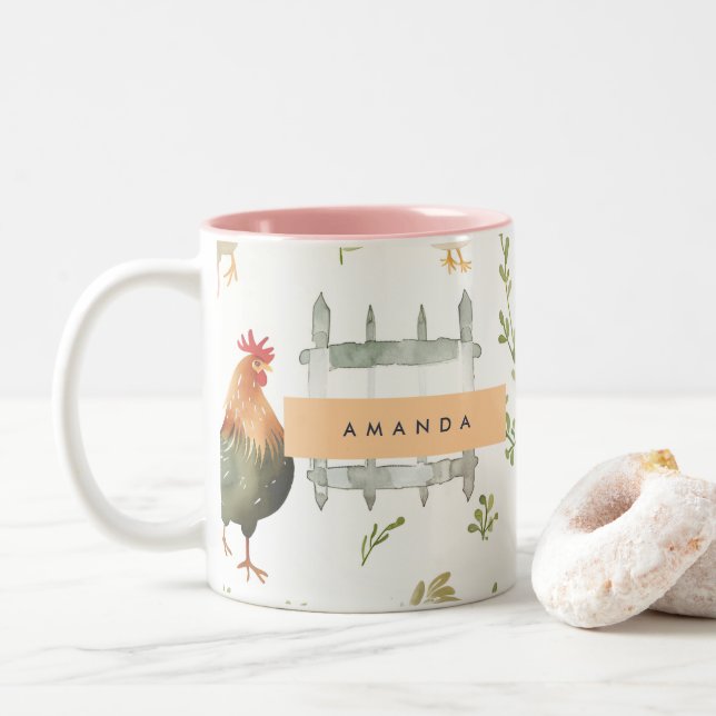 Personlig Rustic Farmhouse Chicken & Greenery Två-Tonad Mugg (Med munk)