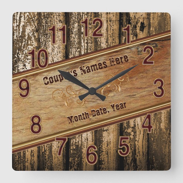 Personlig Rustic Wedding Gifts, faux Wood Clock Fyrkantig Klocka (Framsida)