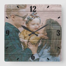 Personlig Rustic Wood Effect Photo Fyrkantig Klocka