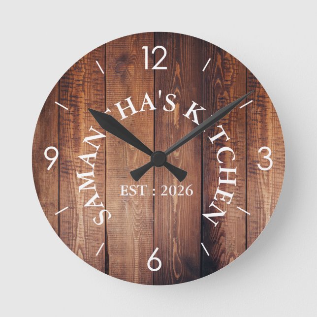 Personlig Rustic Wood Farmhouse Kitchen Round Rund Klocka (Framsida)