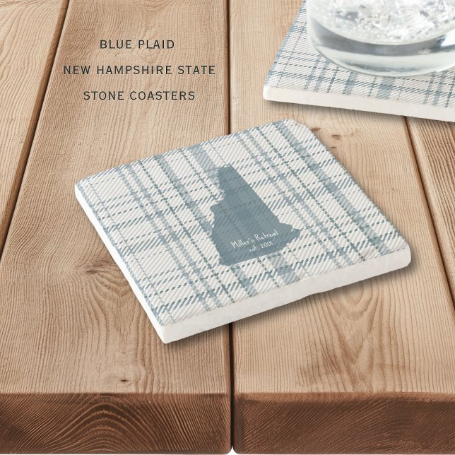 Personlig Rutmönstrad New Hampshire Granitstaten  Stenunderlägg (Personalize these casual blue plaid New Hampshire state coasters. Perfect for cabins or lake house!)
