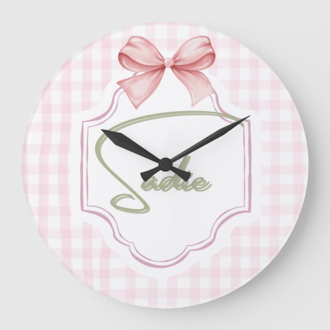Personlig Sadie Flicka Nursery Bow&Gingham Stor Klocka (Framsida)