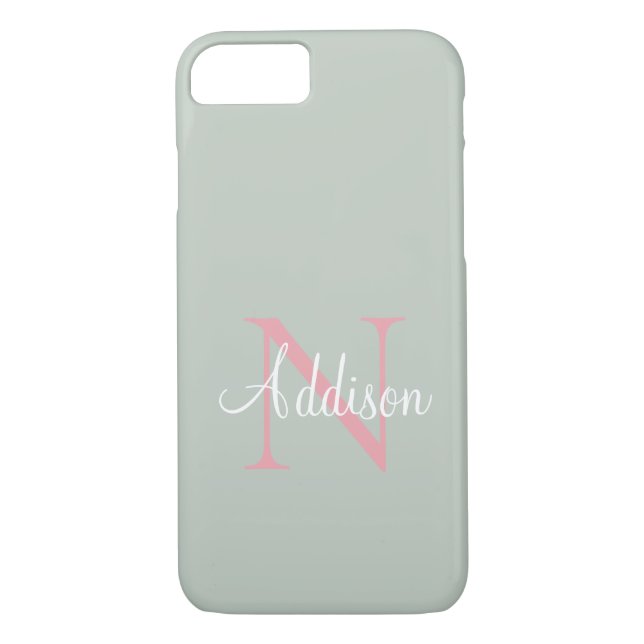 Personlig Sage Grönt Monogram Rosa Case-Mate iPhone Skal (Baksida)