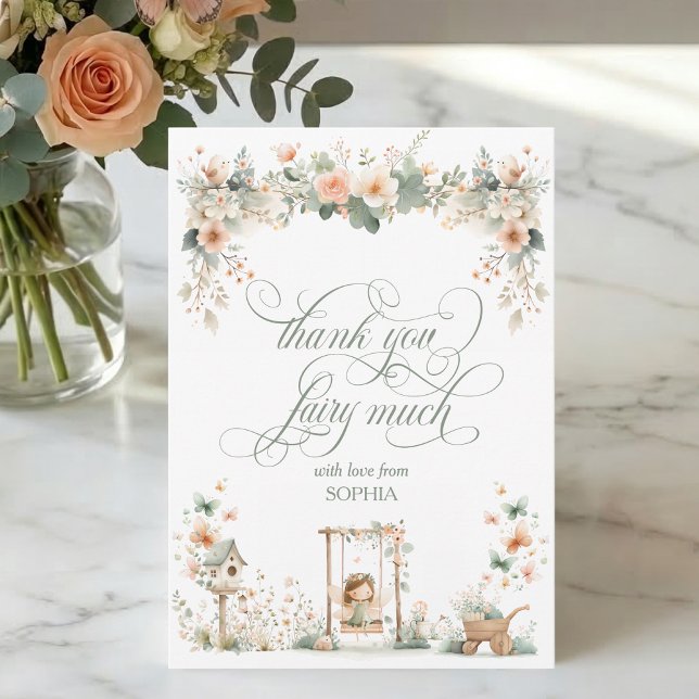 Personlig sagodebutant-födelsedagsfest tack kort (elegant cute fairy first floral enchanted garden thank you fairy much card with script calligraphy)