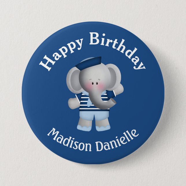 Personlig Sailor Elephant Birthday Button Knapp (Framsida)