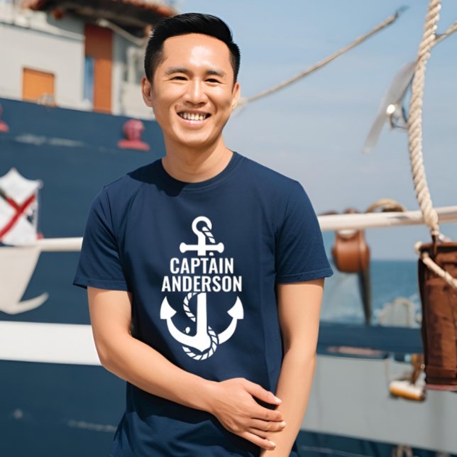 Personlig Sailorman Namn Anchor White Text T Shirt (Personalized Sailorman Name Navy Anchor White Text)
