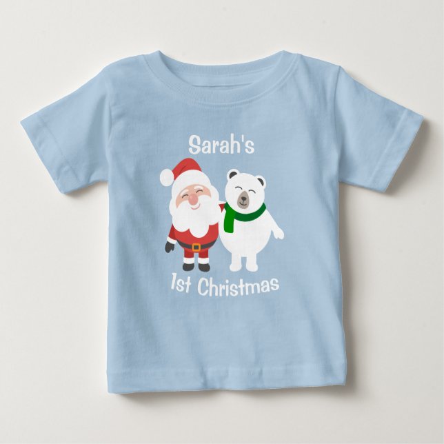 Personlig Santa and Polar Bear 1:a jul T Shirt (Framsida)