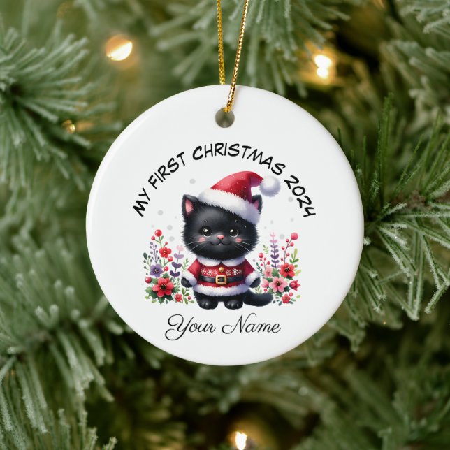 Personlig Santa Black Kitten Första jul Julgransprydnad Keramik (Träd)