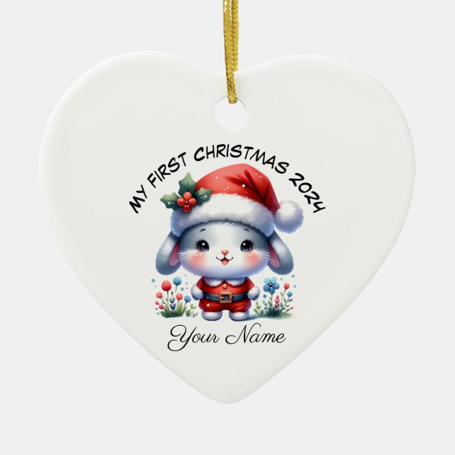 Personlig Santa Bunny Första jul Julgransprydnad Keramik (Framsidan)