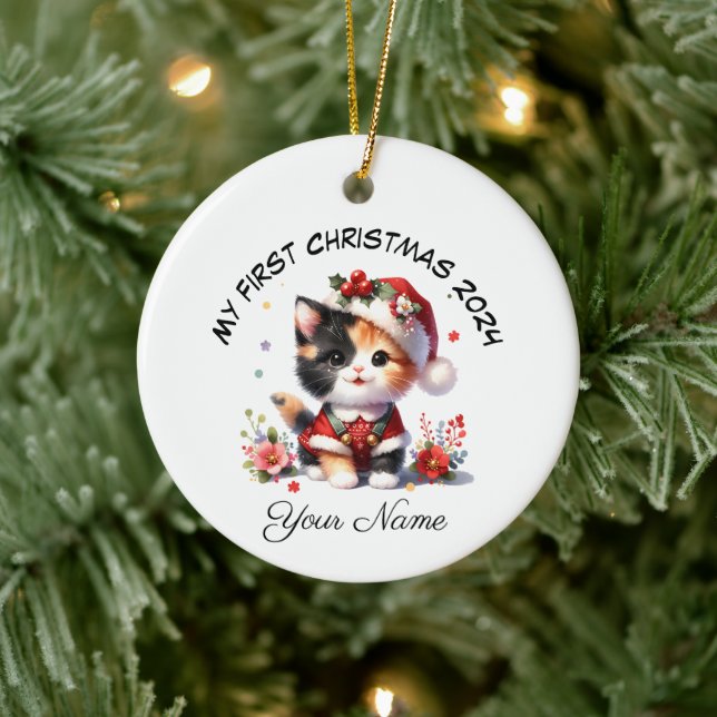 Personlig Santa Calico Kitten Första jul Julgransprydnad Keramik (Träd)