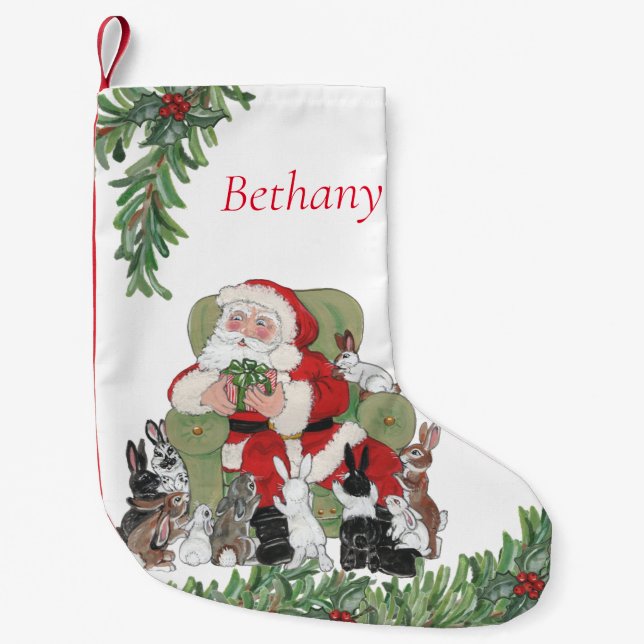 Personlig Santa & Cute Bunny Rabbits jul Liten Julstrumpa (Framsidan)