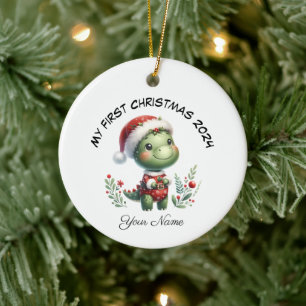 Personlig Santa Dinosaur Första jul Julgransprydnad Keramik