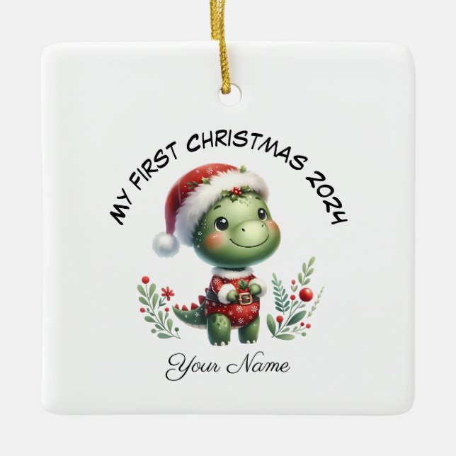 Personlig Santa Dinosaur Första jul Julgransprydnad Keramik (Framsida)