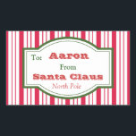 Personlig Santa Gift Märkre Stickers Rektangulärt Klistermärke<br><div class="desc">Peppermint rand dekorerar de här märkrna för jultomten. Anpassa dessa klistermärken genom att byta namn. Designen kommer från originalteckningen.</div>