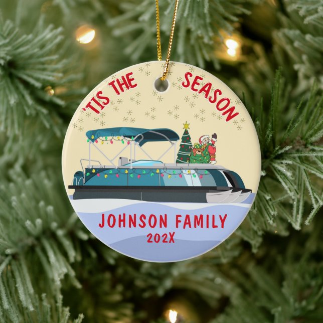Personlig Santa jul Pontoon Boat Julgransprydnad Keramik (Träd)