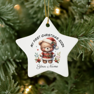 Personlig Santa Nalle Första jul Julgransprydnad Keramik