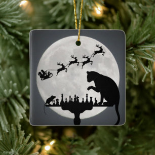 Personlig Santa och Full Moon Cat in Mouse Chess Julgransprydnad Keramik