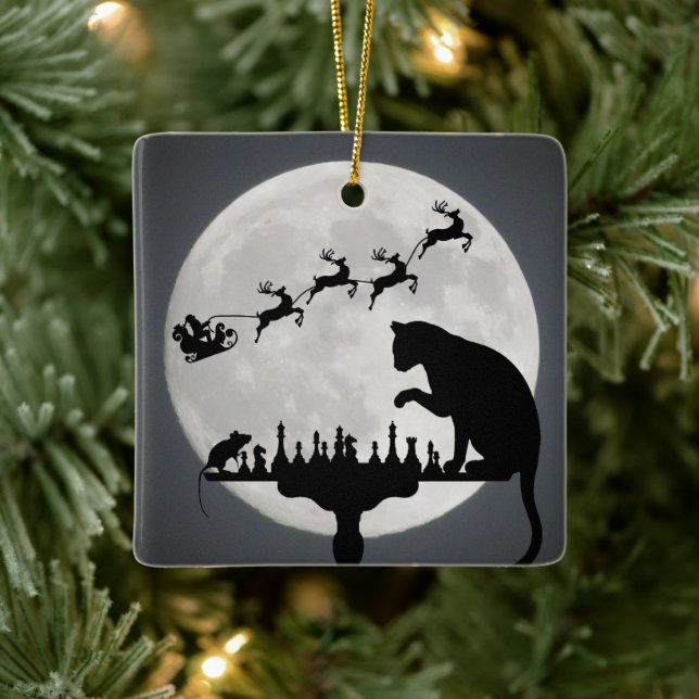 Personlig Santa och Full Moon Cat in Mouse Chess Julgransprydnad Keramik (Träd)
