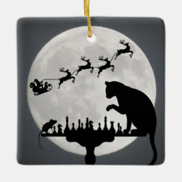 Personlig Santa och Full Moon Cat in Mouse Chess Julgransprydnad Keramik