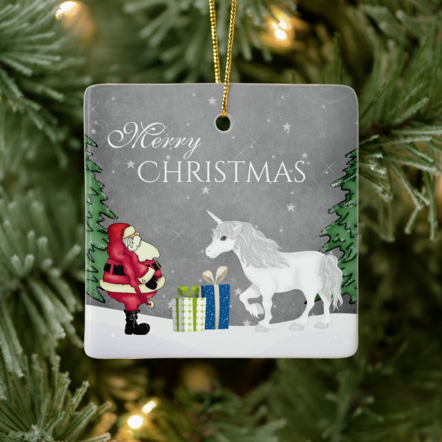 Personlig Santa och Unicorn God jul Julgransprydnad Keramik (Träd)