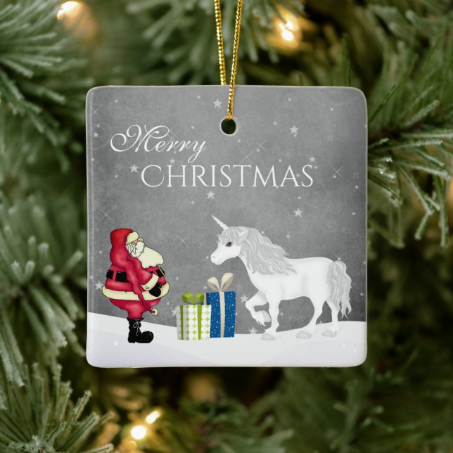 Personlig Santa och Unicorn God jul Julgransprydnad Keramik (Träd)