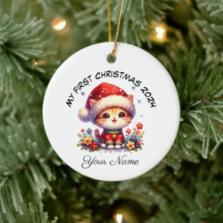Personlig Santa Orange Kitten Första jul Julgransprydnad Keramik