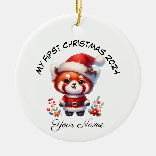 Personlig Santa Red Panda Bear Första jul Julgransprydnad Keramik (Framsidan)